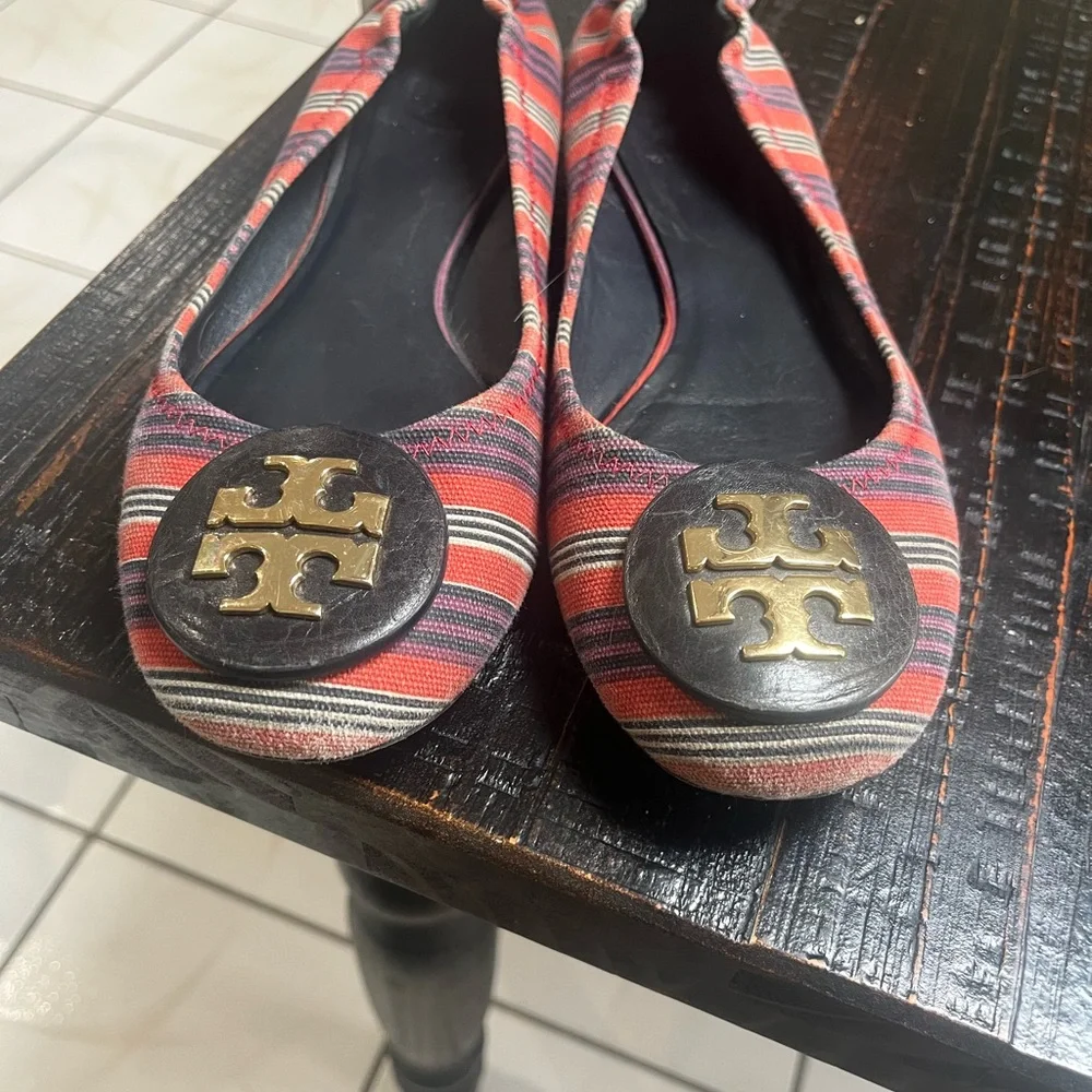 Tory Burch Red Striped Canvas Logo Flats with Black Trim